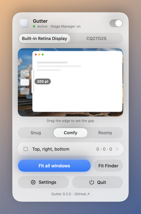 Gutter's menu bar panel